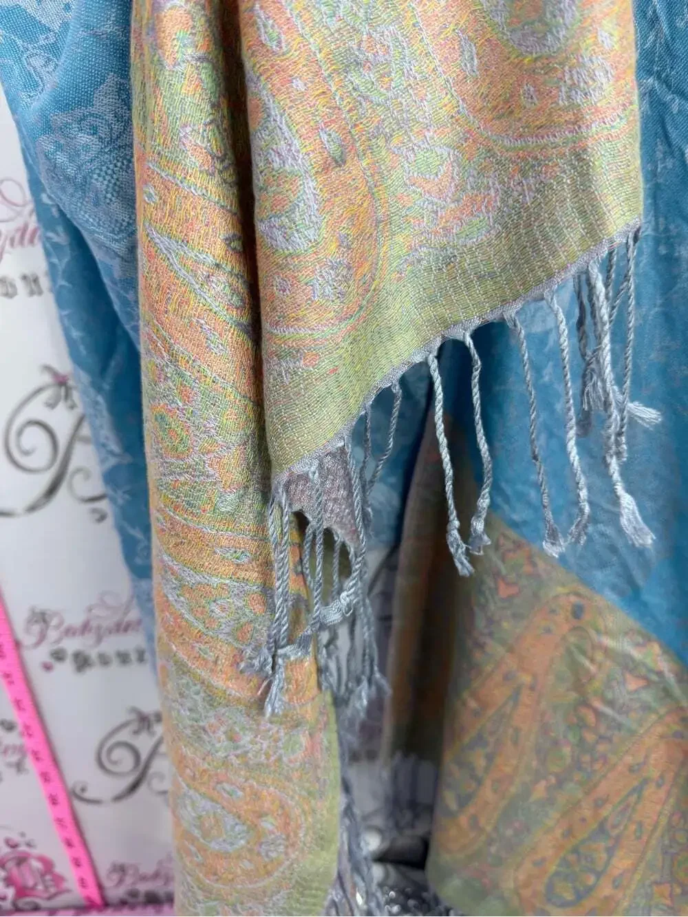 Scarf Light Blue Paisley Woven Wrap with Pastel Trim